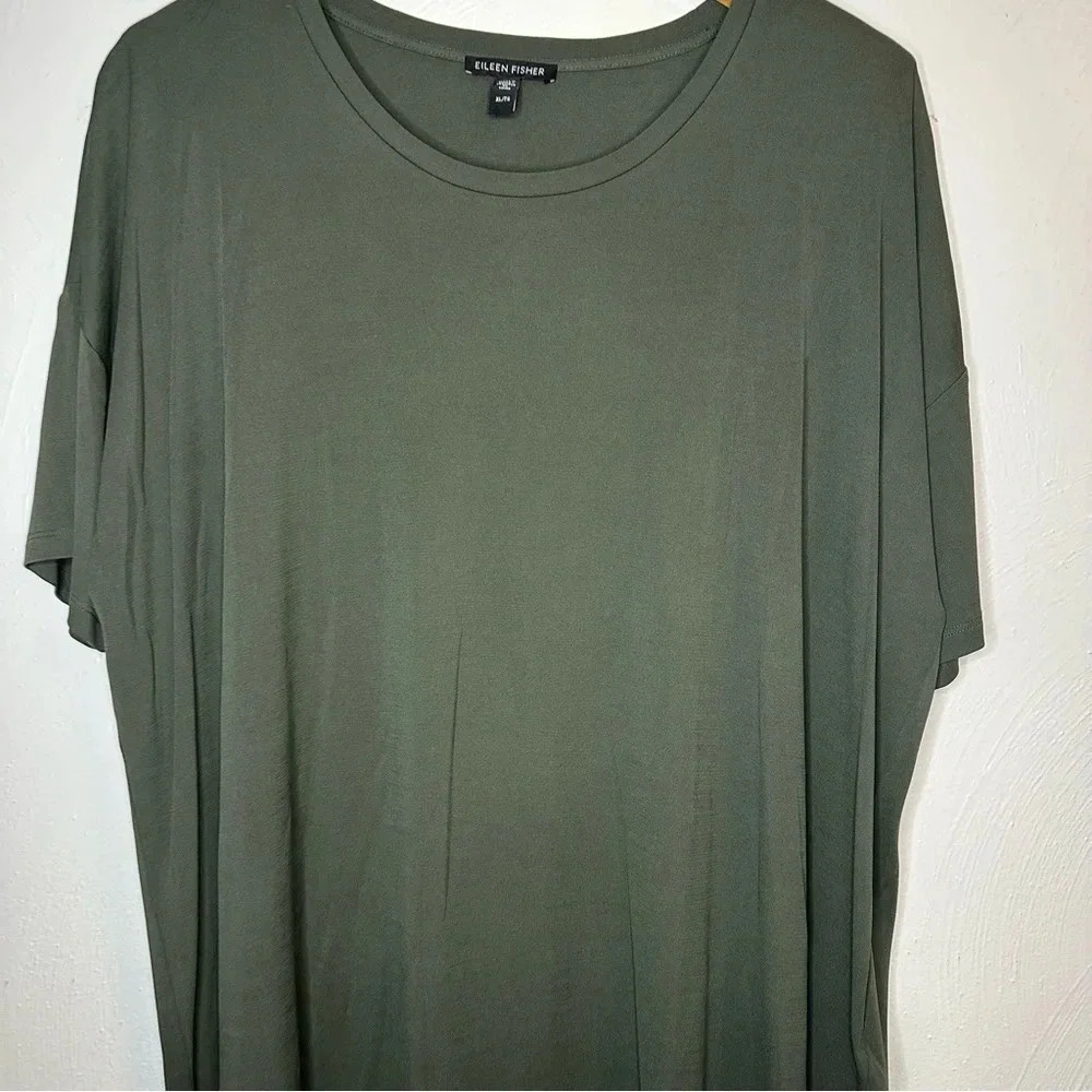 Eileen Fisher Women’s Size XL Olive Green Silk Linen High Low Short Sleeve Tunic